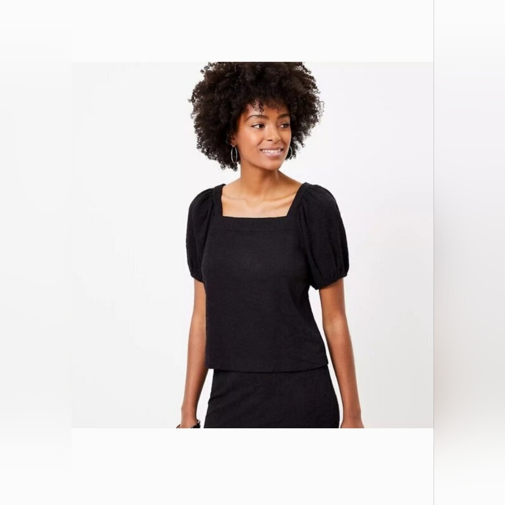 LOFT Floral Jacquard Square Neck Puff Sleeve Black Top Size 20/22